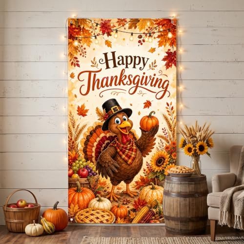 Happy Thanksgiving Door Cover, Thanksgiving Turkey Door Banner with Pumpkin Pie Corn Sunflower Maple Leaves, Fall Harvest Front Door Decorations Porch Wall Party Photo Backdrop 70.8 x 35.4 Inch - Image 3