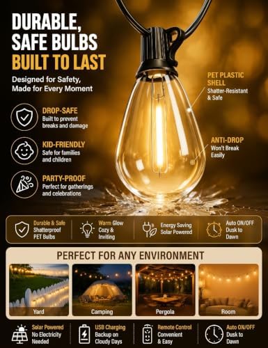 Solar String Lights Outdoor, 50FT Patio Lights with Remote, 3 Modes & 4 Brightness Levels, Waterproof Shatterproof S14 LED Edison Bulbs, 2700K Warm White for Backyard, Porch, Deck, Garden - Image 3