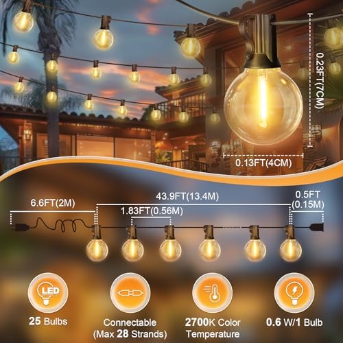 LAMPHOME LED Outdoor String Light, 51 Feet Patio Lights with 25+2 Edison Shatterproof Bulbs(2 Spare), UL Waterproof Outside Lights connectable Dimmable for Backyard Porch Decor - Image 4