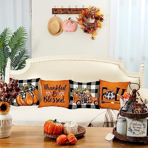 GEEORY Fall Decorative Throw Pillow Covers 16 x 16 Inch Set of 4, Pumpkins Thankful Blessed Buffalo Plaid Fall Decor Outdoor Farmhouse Pillow Cases for Home Couch (Orange Color) G337-16 - Image 4