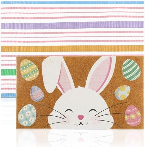 Duraaamo 2 Pcs Easter Coir Doormat Outdoor Rug Bunny Rabbits Welcome Door Mat Layered Buffalo Plaid Colorful Stripe Rug Coir Easter Mat for Outdoor Front Porch Entryway Decor by Duraaamo