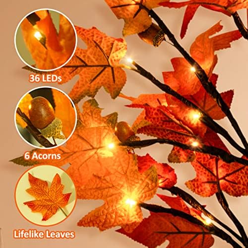 2Pack Fall Lighted Maple Tree - 2FT 36 LED Thanksgiving Decor Artificial Fall Lights, Battery Operated Tabletop Lamp with 6 Acorns, 6-Hours Timer, for Wedding Party Indoor Outdoor Autumn Decor… - Image 3