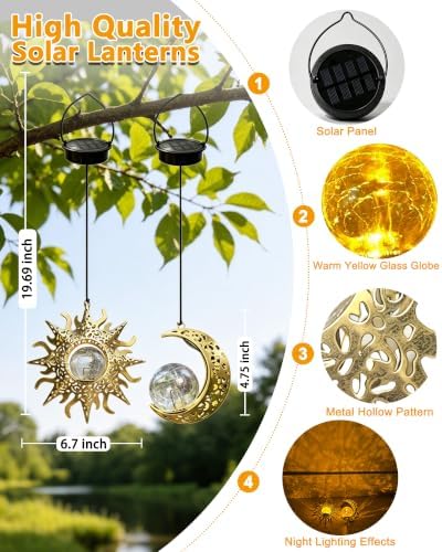 Solar Hanging Sun Moon Lights, Outdooor Lanterns Waterproof Garden Gifts - Image 2