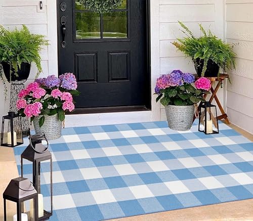 Washable 3'x5'Outdoor Rug, Light Blue White Buffalo Plaid Front Door Mat by BUAGETUP