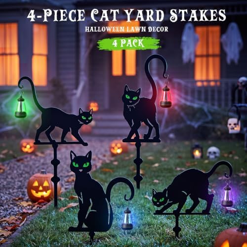 Halloween Black Cat Garden Stakes, 4-Pack Solar Lighted Yard Signs - Image 5
