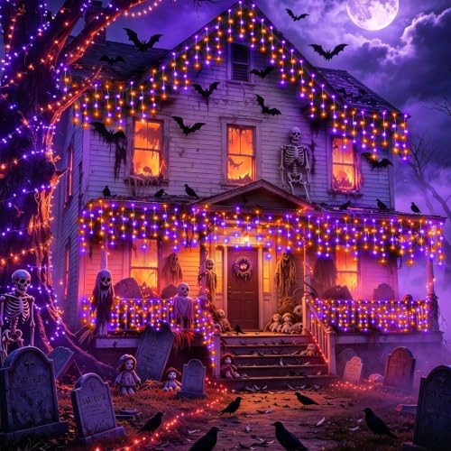 XURISEN 132FT 1280 LED Halloween Lights Outdoor,Orange Purple Halloween String Lights with 240 Drops, 8 Modes Timer Memory Function Hanging Curtain Lights for Halloween Decorations Holiday Party Eaves - Image 7