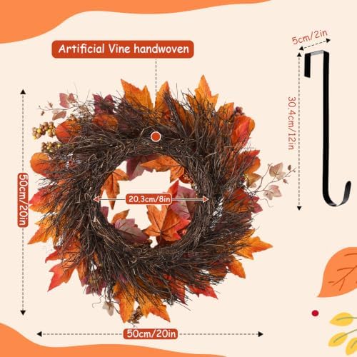 20 lnch Artificial Fall Wreath for Front Door Autumn Wreath with Hanger - Image 6