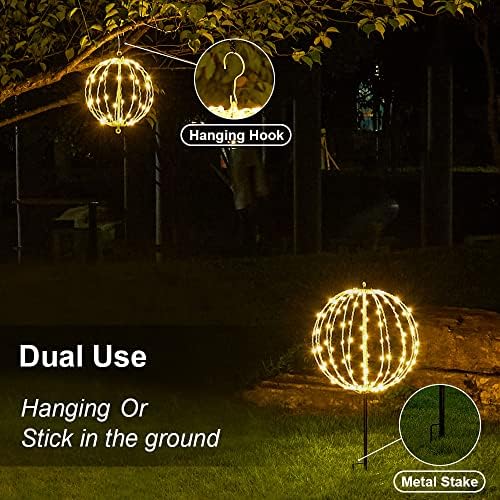 Hotelstar 96LED Foldable Light Sphere - 12IN Hanging, Pathway & Tree Light with Hook & Stake for Outdoor Garden, UL Listed, White Metal Frame, Warm White Light - Image 2