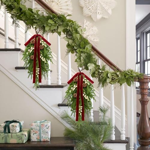 nuvagiki Christmas Teardrop Swag Decorations, 24'' Christmas Teardrop Wreath Artificial Pine Needle Berries Hanging Decor, Red Velvet Bow Swag Decorations for Front Door Mantle Wall Indoor Home Decor - Image 3