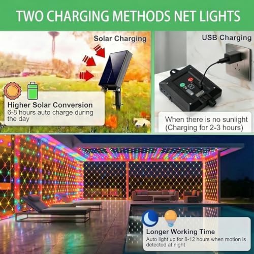 Pooqla Solar Net Lights, 10x10ft 280LED Gazebo Net Lights Outdoor with 8 Modes, Solar & USB Powered Waterproof String Lights Clear Wire, Chandelier for Pergolas, Patio, Bush, Backyard Decor Colorful - Image 3