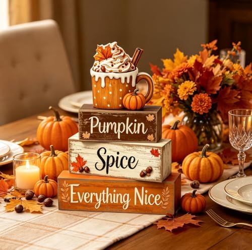 4 Pcs Pumpkin Spice Fall Tiered Tray Decor, Rustic Wooden Stacked Block Signs, 3D Pumpkin Latte Cup Topper Autumn Coffee‑Bar Table Centerpiece, Farmhouse Thanksgiving Harvest Home Shelf Decor - Image 2