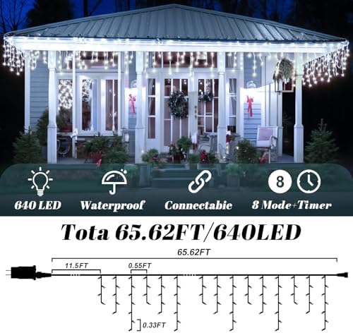 Cool White Christmas Lights Outdoor, 65ft 640 LED Icicle Lights for Outside House with Connectable Clear Wire 8 Modes Timer, Plug in Waterproof for Eaves Yard Party Indoor Holiday Decoration - Image 6