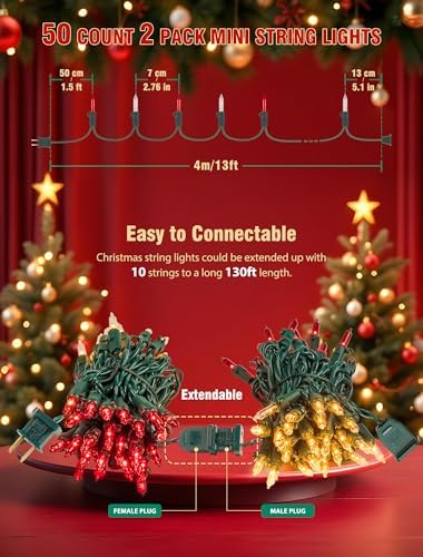 Hopolon 2 Pack Total 26 FT 100 Count Christmas Lights Indoor, Green Wire - Image 4