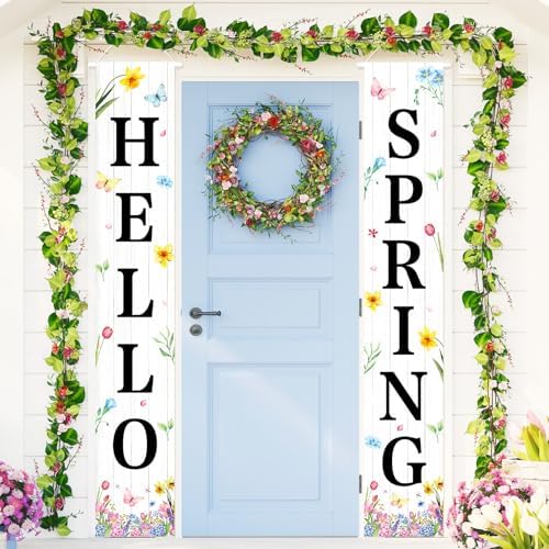 71 x 12 Inches Hello Spring Porch Banner Set – Rustic White Wood Door Hanging Signs with Flowers, Butterflies, and Floral Accents for Farmhouse, Garden, and Spring Porch Decorations Indoor Outdoor - Image 5