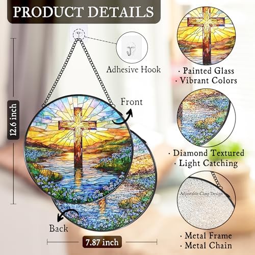 Cross Forget Me Not Stained Glass Window Hanging Suncatcher, Christian Flower Sunset Sun Catcher Indoor Window Decor Gifts, Religious Painted Glass Round Wall Hanging Decorations 7.8x7.8 in - Image 7