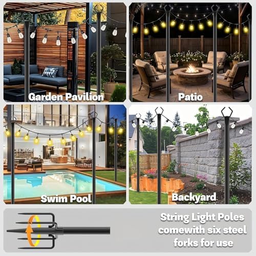 8 Pack 10 ft Heavy Duty Metal String Light Poles Adjustable Outdoor Lighting Stand for Patio,Backyard,Garden,Party & Wedding Rustproof & Sturdy with Hooks - Image 2