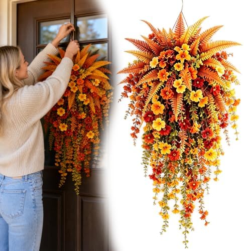 Artificial Fall Harvest Hanging Basket - Autumn Porch & Door Decoration, UV-Resistant Waterproof Faux Fall Flowers, for Doors, Porches, Mantels, Garden & Weddings (1PCS) by Unknown