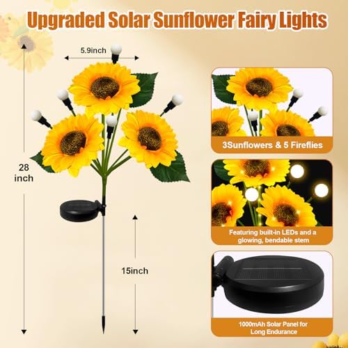 Sunflower Solar Lights Outdoor, 4 Pack Sunflowers with Firefly Lights, Waterproof Solar Flower Lights with 1000mAh Battery for Patio Porch Lawn, Gifts for Mom Women Grandma, Yard Decorations Outdoor - Image 2