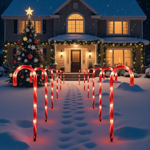 Christmas Candy Cane Lights Outdoor Pathway，12Pack Light up Candy Canes 16" Christmas Sidewalk Walkway Lights with 72 Incandescent Large Lighted Candycane Outdoors Decorations Yard Stakes by TIGOMOOV