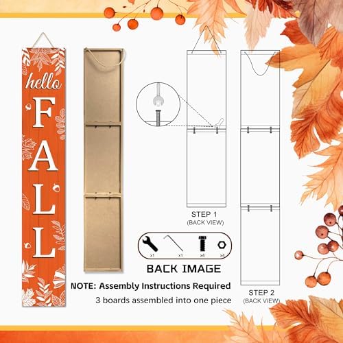 Hello Fall Porch Sign Autumn Leaves Wooden Welcome Sign Vertical Fall Hanging Signs For Standing Front Porch Decor Rustic Wall Decor Home Farmhouse Yard Door Fall Decorations 47.2"H - Image 4