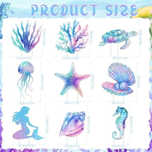 9Pcs Mermaid Party Birthday Party Yard Signs with Stand,Under The Sea Party Supplies for Outdoor Lawn Patio Garden Stand Decor,Large Ocean Theme Birthday Party - Image 2