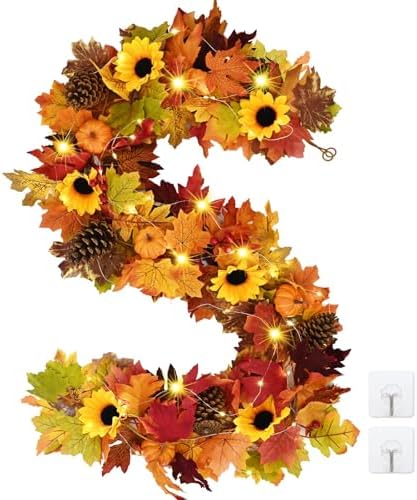 Waipfaru Fall Garland with Lights - 5.7 Ft Lighted Autumn Sunflower Garland by Waipfaru