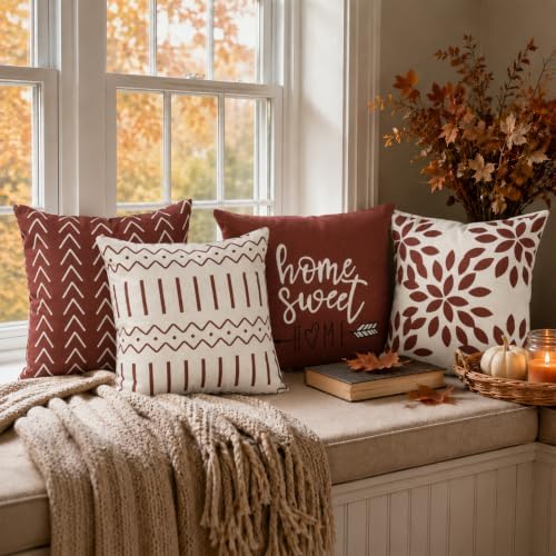 YCOLL Rust Linen Pillow Covers 18x18 Set of 4, Home Sweet Home Farmhouse Throw Pillow Covers, Holiday Decorative Cushion Covers for Sofa Couch Bed, Autumn Rustic Fall Decor - Image 3
