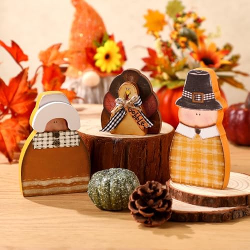Colingmill 3 Pcs Thanksgiving Table Decor Wooden Turkey Pilgrim Couple - Image 6