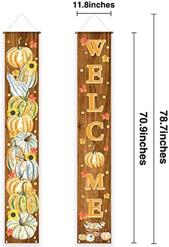 Allenjoy Welcome Fall Porch Decorations Door Hanging Banners Set Thankful Autumn Harvest Season Pumpkin Maple Leaves Rustic Brown Wood Home Wall Outdoor Indoor Polyester 11.8x70.9 Inch Yard Sign 2PCS - Image 2
