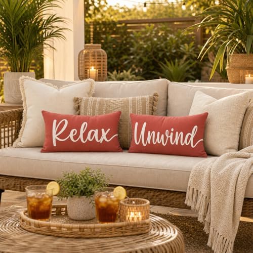 Relax Unwind Lumbar Throw Pillow Covers 12x20 Inch Set of 2, Coral - Image 3