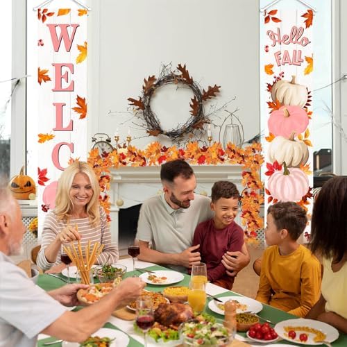 MEHOFOND Pink Pumpkin Porch Banner Sign, Hello Fall Pumpkin Maple Leaves Door Decorations, Board Wall Hanging Farmhouse Supplies, Pumpkin Porch Decorations Outdoor for Home Office Holiday - Image 4