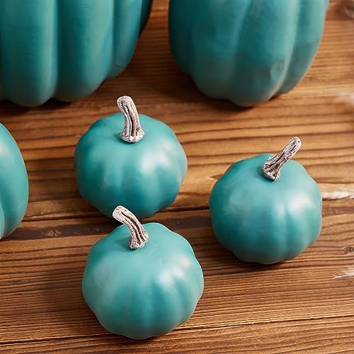 Lizxun 7Pcs Artificial Pumpkins Halloween Decoration, Lifelike Simulation Mixed Harvest Fall Foam Pumpkins for Halloween Thanksgiving Home Party Supplies (Cyan 01-7pcs) - Image 6