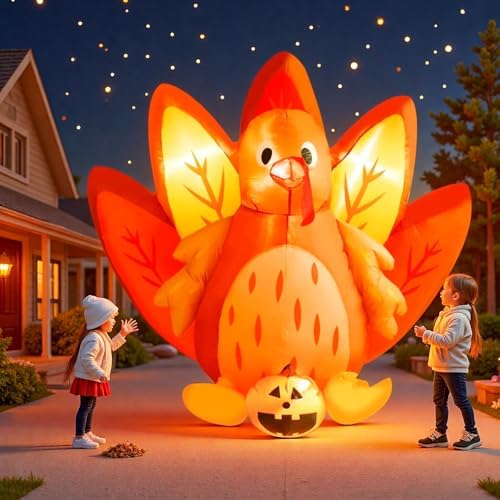 5FT Halloween & Thanksgiving Inflatable Turkey&Pumpin,with Built-in LED Lights, Outdoor/Indoor Seasonal Decoration with Pumpkin, Yard Lawn Garden Holiday Blow-Up Decor - Image 2