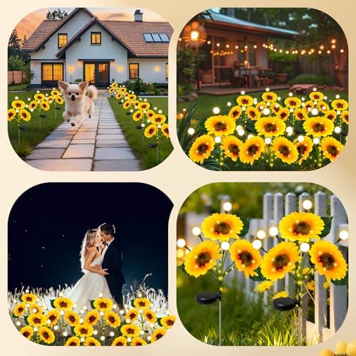 Sunflower Solar Lights Outdoor, 4 Pack Sunflowers with Firefly Lights, Waterproof Solar Flower Lights with 1000mAh Battery for Patio Porch Lawn, Gifts for Mom Women Grandma, Yard Decorations Outdoor - Image 7