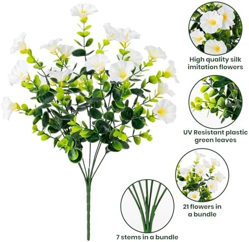 Artificial Faux Flowers for Outdoor 16 Bundles Fake Morning Glory,White - Image 3