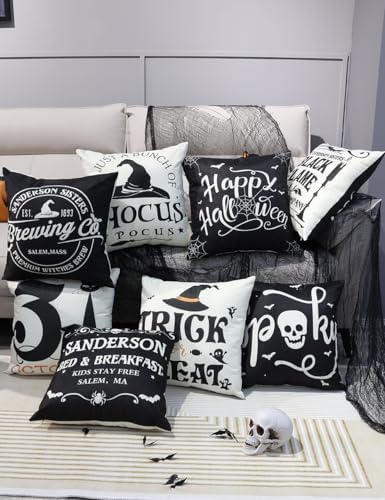 Hocus Pocus Farmhouse Halloween Decor Set of 4 Double-Side Printing 16x16 Indoor/Outdoor Spider Web Cat Skull Decorative Cushion Cases - Image 2