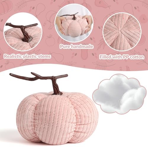 3 Sizes Fall Decor Pumpkins,Oversized Cotton Filled Fabric Pumpkin Decor,Farmhouse Decoration,Thanksgiving Decorations,Diameter 8"/6.3"/5.1" Pumpkins for Decorating (3pcs Pink) - Image 3