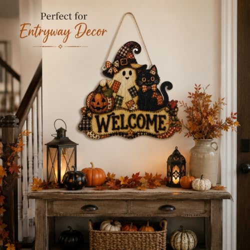 Halloween Welcome Door Sign with Ghost, Black Cat & Pumpkin, Rustic Wooden Front Door Hanging Sign, Fall Halloween Porch Decor for Home, Farmhouse Wall Decoration, Cute Witch Ghost Door Hanger - Image 4