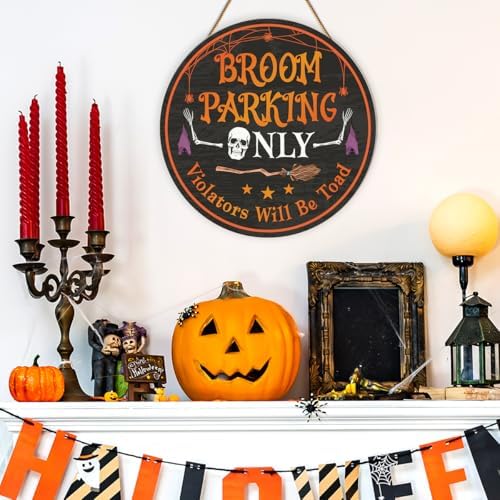 Halloween Door Decor Broom Parking Sign Halloween Witch Skeleton Decoration Wooden Hanger for Front Door Porch Wall Indoor Home Office Decor - Image 4