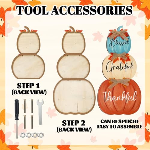 Whaline Fall Porch Decoration Blue Orange Stacked Pumpkins Wooden Standing Decor Harvest Outdoor Sign for Home Farmhouse Autumn Thanksgiving Welcome Sign - Image 3