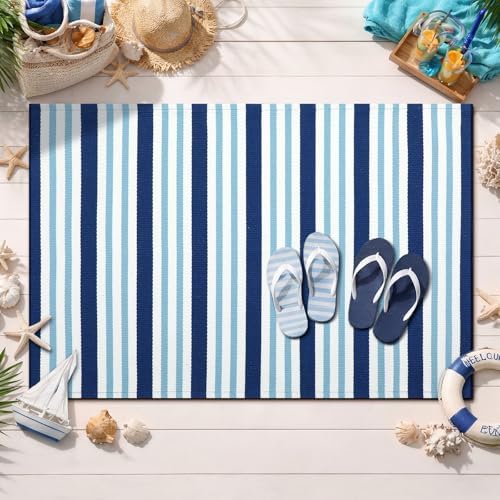 Moucuny 3' X 5' Navy White Blue Summer Vertical Stripe Outdoor Rug - Image 5