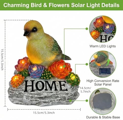 DECOUE Solar Garden Statue with Bird“Home”Sign,Outdoor Decor with Warm LED - Image 6