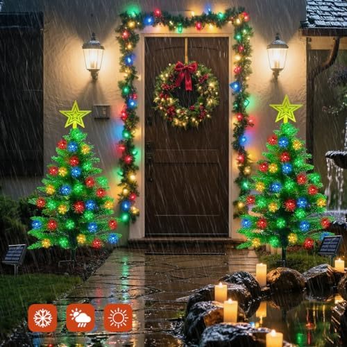 2 Pack 3.6Ft Solar Christmas Tree with 100 Snowflake Lights, Waterproof Christmas Decorations Outdoor, Solar Christmas Lights Outdoor Xmas Tree for Yard, Pathway, Porch, Cemetery, Holiday Decor - Image 6