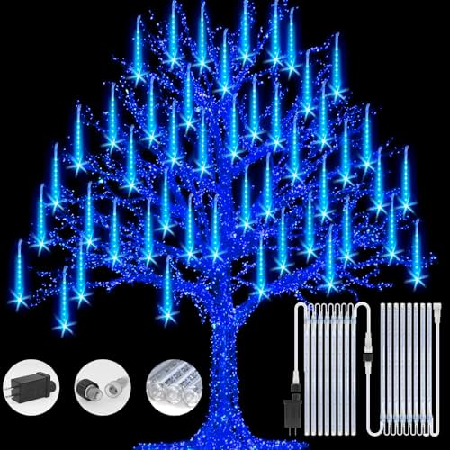 Christmas Lights Meteor Shower Rain Light Falling Rain Lights with 16 Tubes 384 LEDs Waterproof Icicle Snow Fall String Lights for Party Tree Home Patio Outdoor Decoration(16 Tubes,Blue) by FYYZY