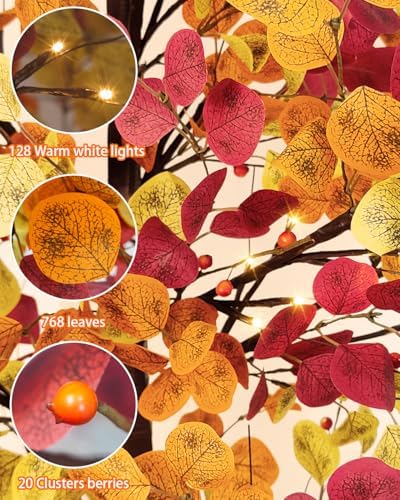 Agusbagli 7FT 128LED Artificial Lighted Fall Eucalyptus Tree, Fall Decorations for Home with Timer Dimmable 8 Modes Fall Light Up Tree with 768 Leaves for Indoor Outdoor Autumn Thanksgiving Decor - Image 5
