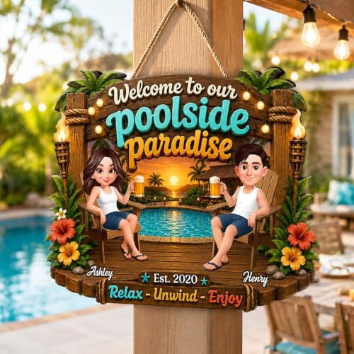Personalized Welcome To Our Poolside Paradise Summer Wood Sign, Relax Enjoy Sipping Grilling Chilling Sign, Gift For Couple, Husband, Wife, Summer Porch, Patio, Bar Decoration - Image 3