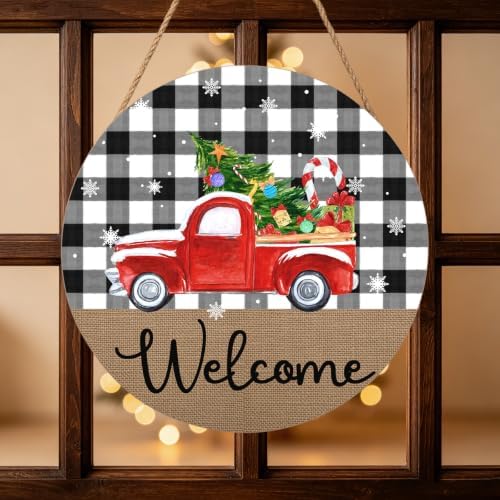 Christmas Welcome Front Door Sign for House Merry Christmas Holiday Decoration Hanging Sign Red Truck Xmas Round Wood Wreaths for Home Wall Porch Yard Garden Farmhouse Xtmas Day 12"x12" - Image 3