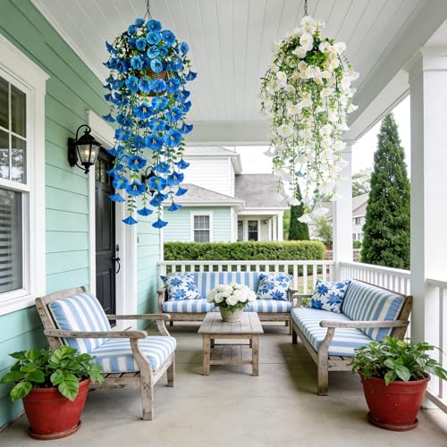 6 Pcs Blue Artificial Hanging Flowers, 30 Inch Blue Morning Glory Vines UV Resistant Fake Hanging Plants Silk Hanging Flowers for Outdoor Garden Patio Window Box Coastal Summer Decor - Image 4