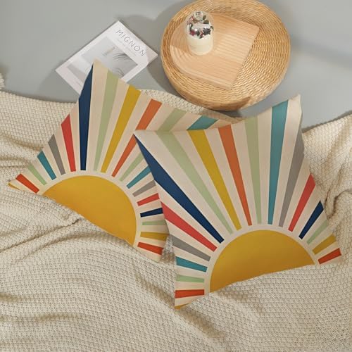 Summer Pillow Covers 18x18 Inch Set of 2 Outdoor Boho Rainbow Sun Throw Pillows Colorful Stripes Decorative Pillow Cases Linen Yellow Sunshine Cushion Covers Decor for Couch Sofa Bed Decor - Image 6