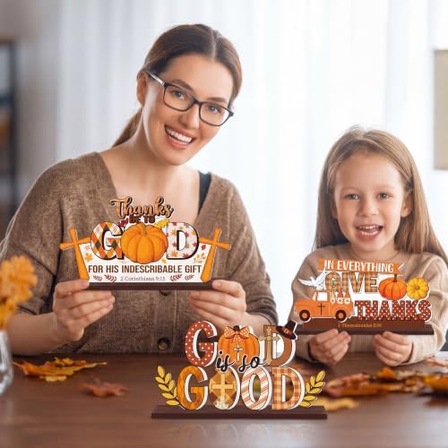 Amyhill 9 Pcs Fall Christian Decoration Thanksgiving Wooden Desktop Decor Set Yellow Religious Jesus Cross Pumpkin Wood Plaque Christian Vintage Autumn Home Tables Centerpieces Decor - Image 5